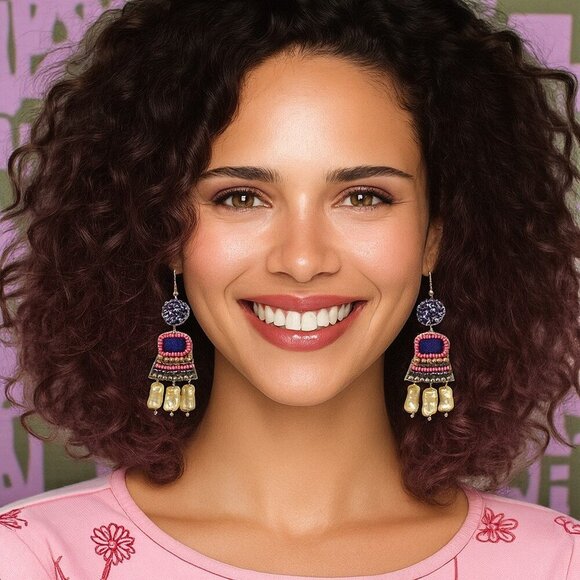 πBoho Festival Style Handmade Beaded Statement Earrings Indian Artisan - Picture 3 of 15